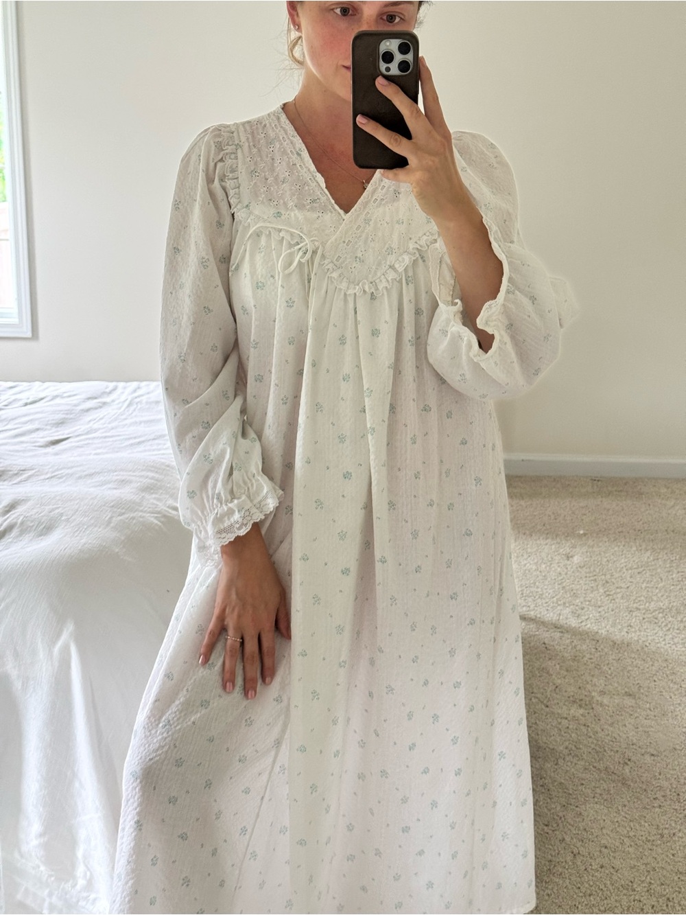 Gilligan & O'Malley White Nightgown with Small Green Floral Print